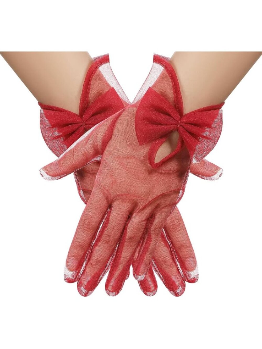 Women's Burgundy Lace 1920s Opera Tulle Wrist Length Short Sheer Mesh Gloves